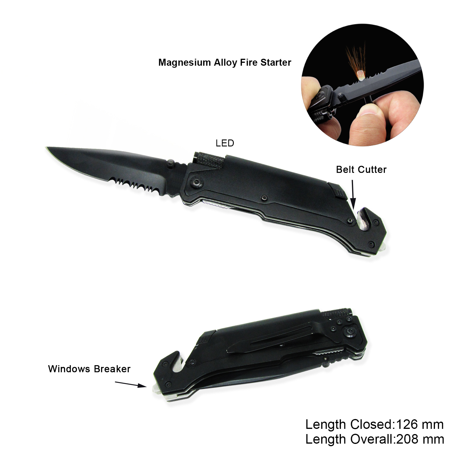 #3486-BLK Survival Knife with LED Flashlight 